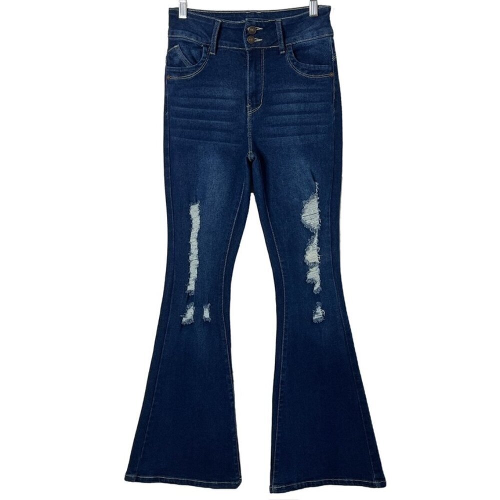 Sweet Look Women's Flare Jeans 7 Tall Bell Bottom Distressed Dark Wash High Rise